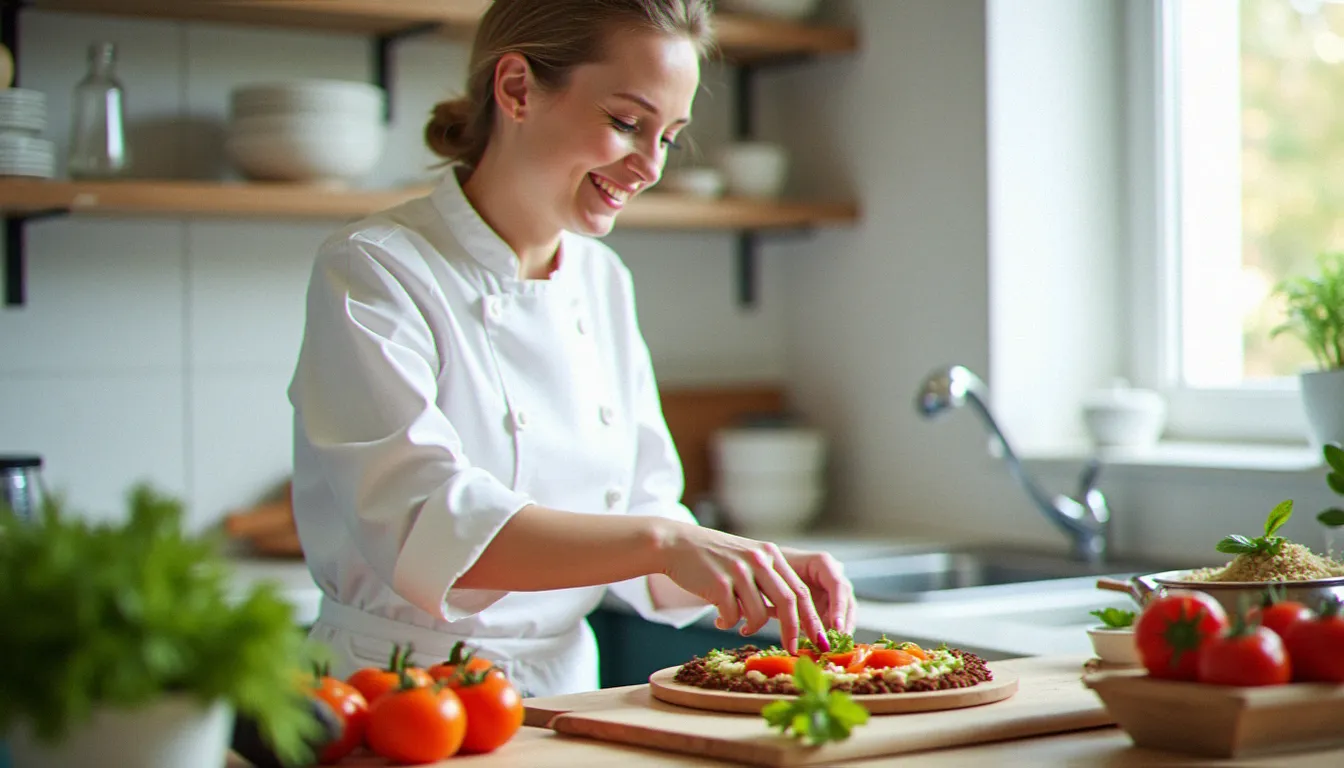 Maryse Cuisine prépare un plat coloré avec des légumes frais et des épices dans une cuisine moderne.