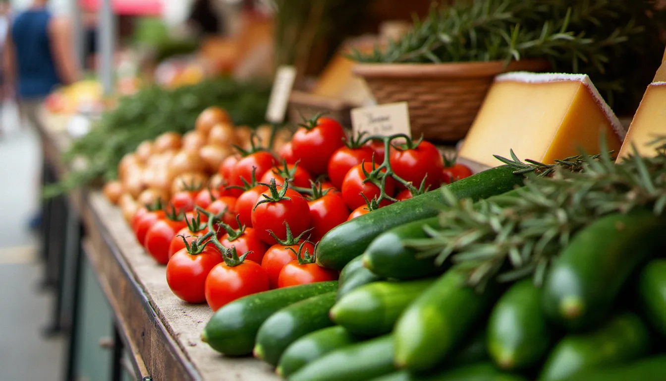 Étal de marché local à Mâcon avec des légumes frais de saison, herbes aromatiques et fromages de Bourgogne