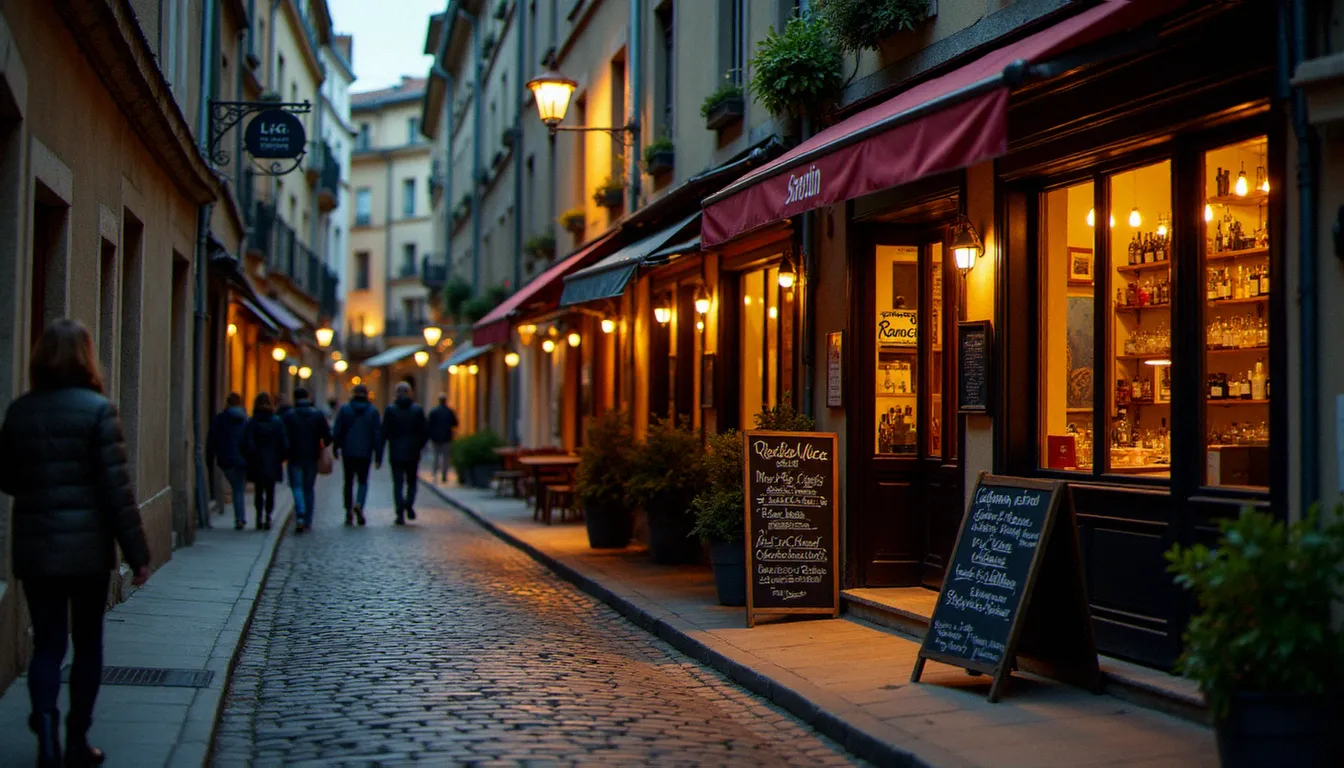 Rue pavée du centre historique de Mâcon au crépuscule avec l'ardoise d'un bon restaurant local éclairée par la lumière du soir