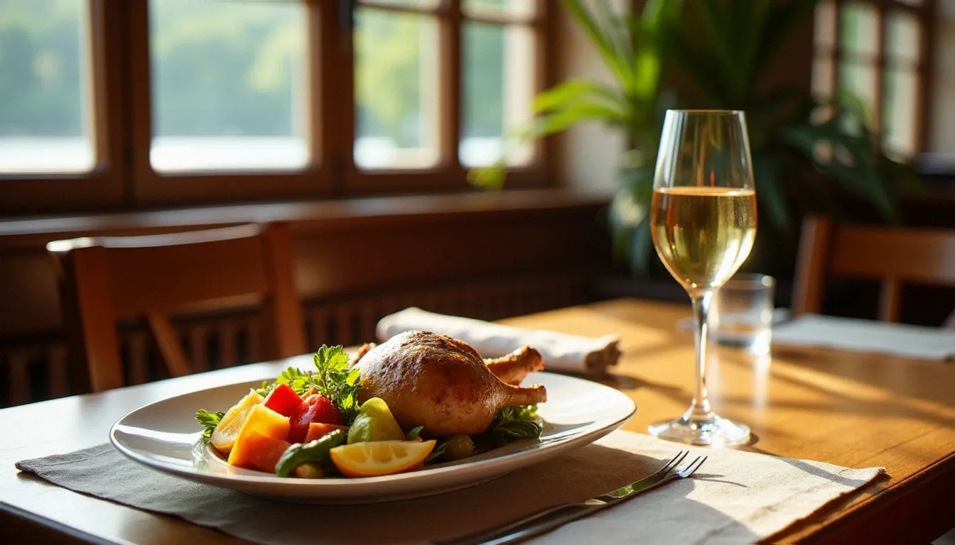 Table dressée dans un bon restaurant de Mâcon avec un verre de vin blanc mâconnais et un plat de cuisine locale de saison
