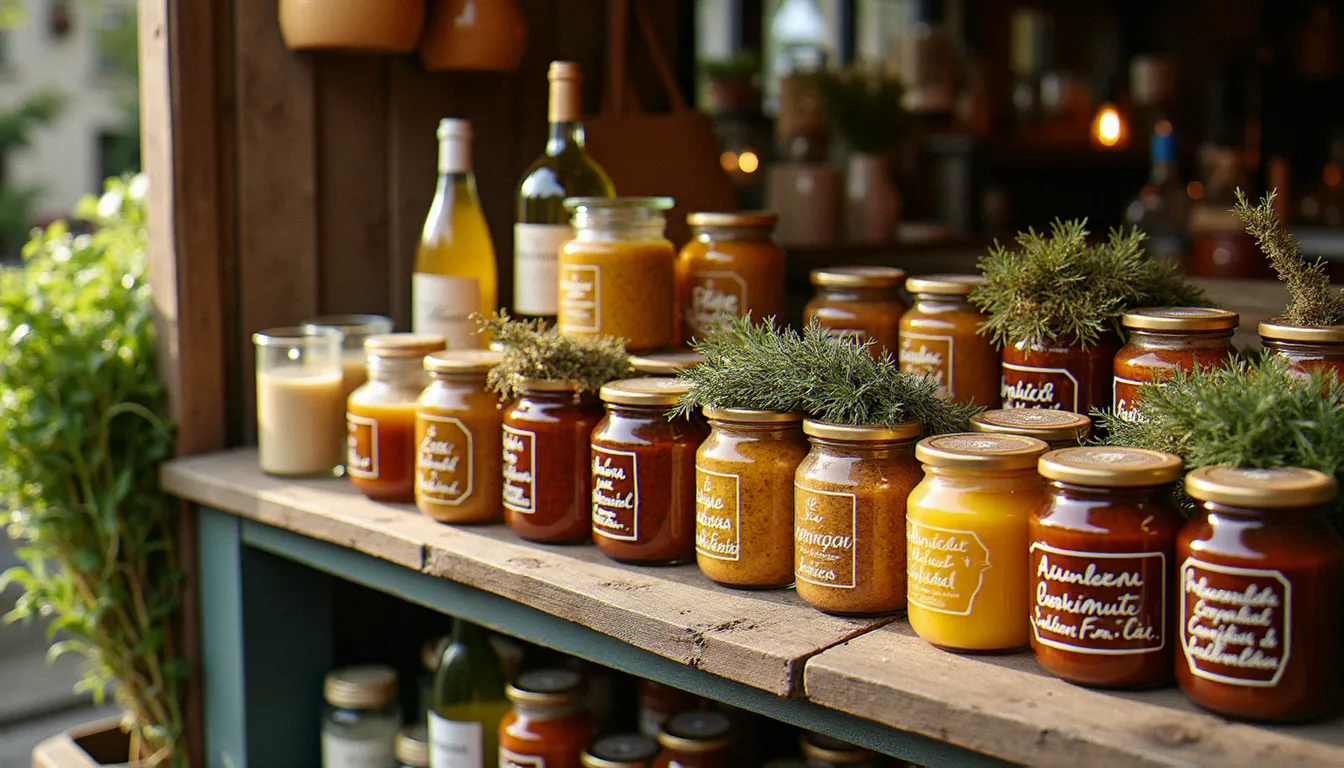 Étal de marché artisanal en Bourgogne avec des pots de condiments locaux dont le bruut macon, éclairé par la lumière naturelle du matin