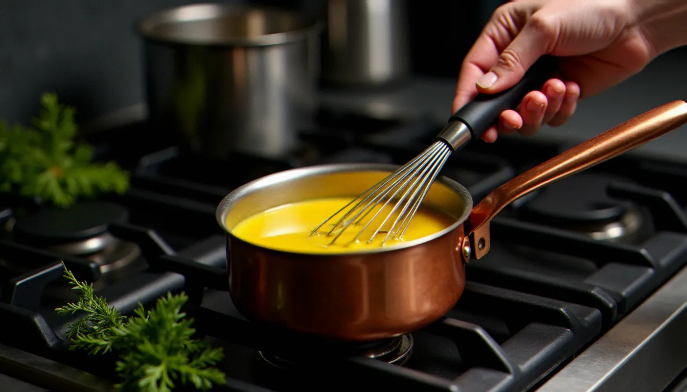 Préparation d'une sauce à la moutarde artisanale type bruut macon dans une petite casserole en cuivre sur feu vif