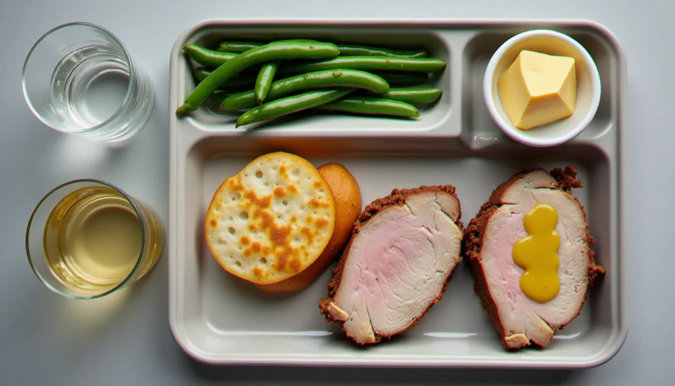 Plateau de cafétéria composé d'un plat de rôti de porc avec haricots verts, fromage comté et accompagnements typiques de la cuisine bourguignonne