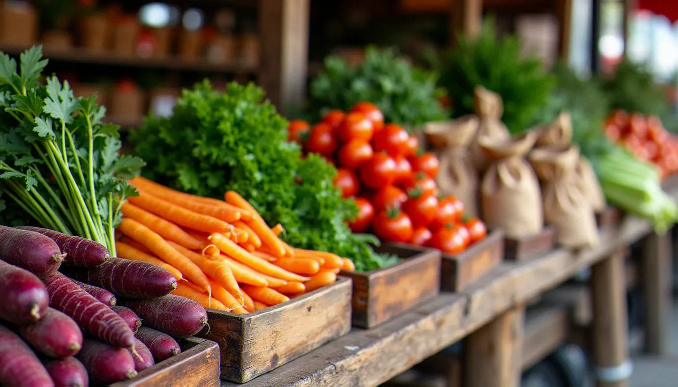 Étal de marché paysan en Saône-et-Loire avec légumes de saison et sachets d'épices artisanales, illustrant l'approvisionnement local typique d'un restaurant comme Cameleoh à Mâcon