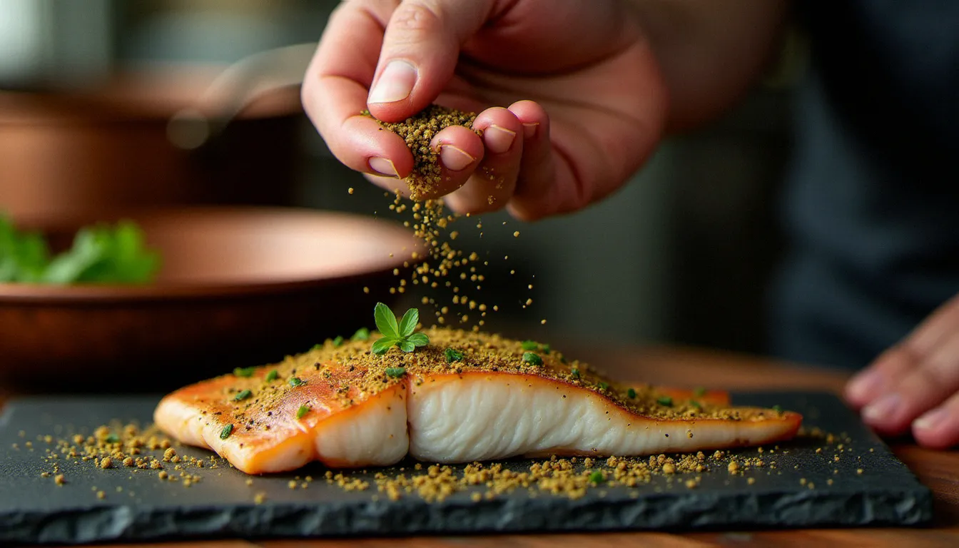 Mains d'un cuisinier assaisonnant un filet de poisson de rivière avec du zaatar et du sumac dans une cuisine professionnelle, illustrant le travail des épices caractéristique de la cuisine créative de Cameleoh Mâcon