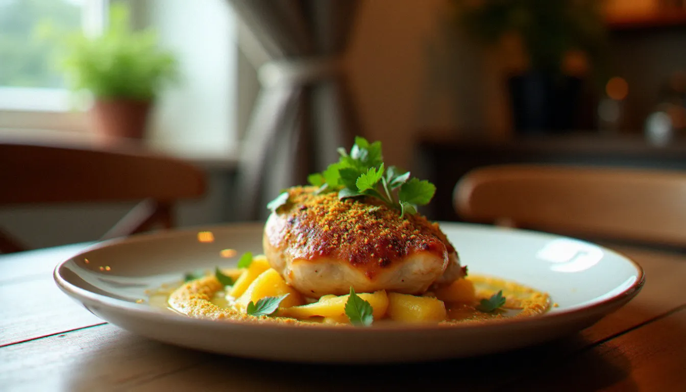 Assiette créative inspirée de la cuisine de Cameleoh Mâcon, avec une volaille locale confite aux épices du monde dressée sur céramique artisanale dans un cadre de restaurant chaleureux en Bourgogne
