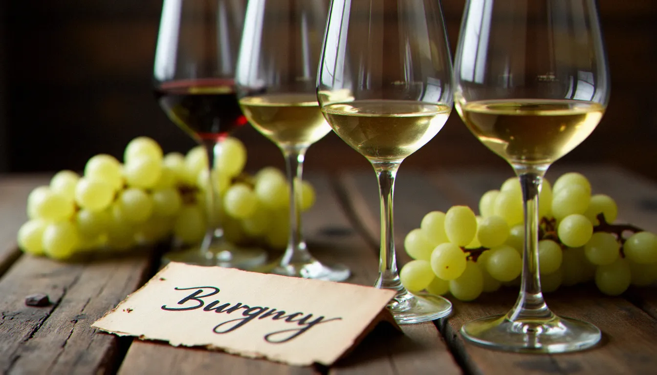 Dégustation de vins blancs mâconnais dans des verres à pied sur une table en chêne rustique, avec une grappe de raisin chardonnay