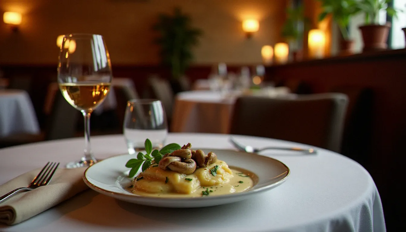 Assiette de poulet à la crème et aux morilles accompagnée d'un verre de vin blanc mâconnais dans un bistrot bourguignon traditionnel
