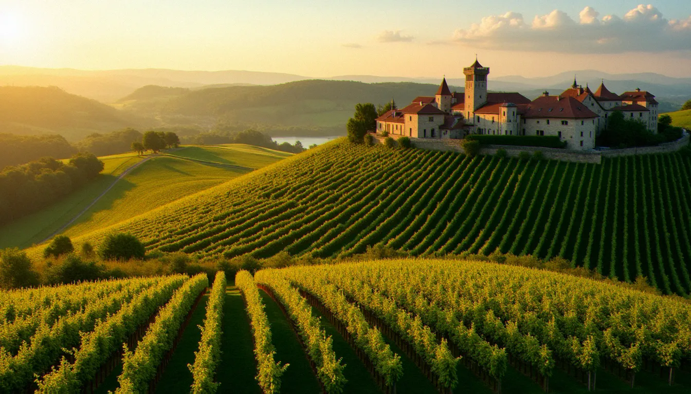 Vue aérienne des vignobles mâconnais en Bourgogne avec des rangs de chardonnay sur des collines calcaires dorées au soleil couchant