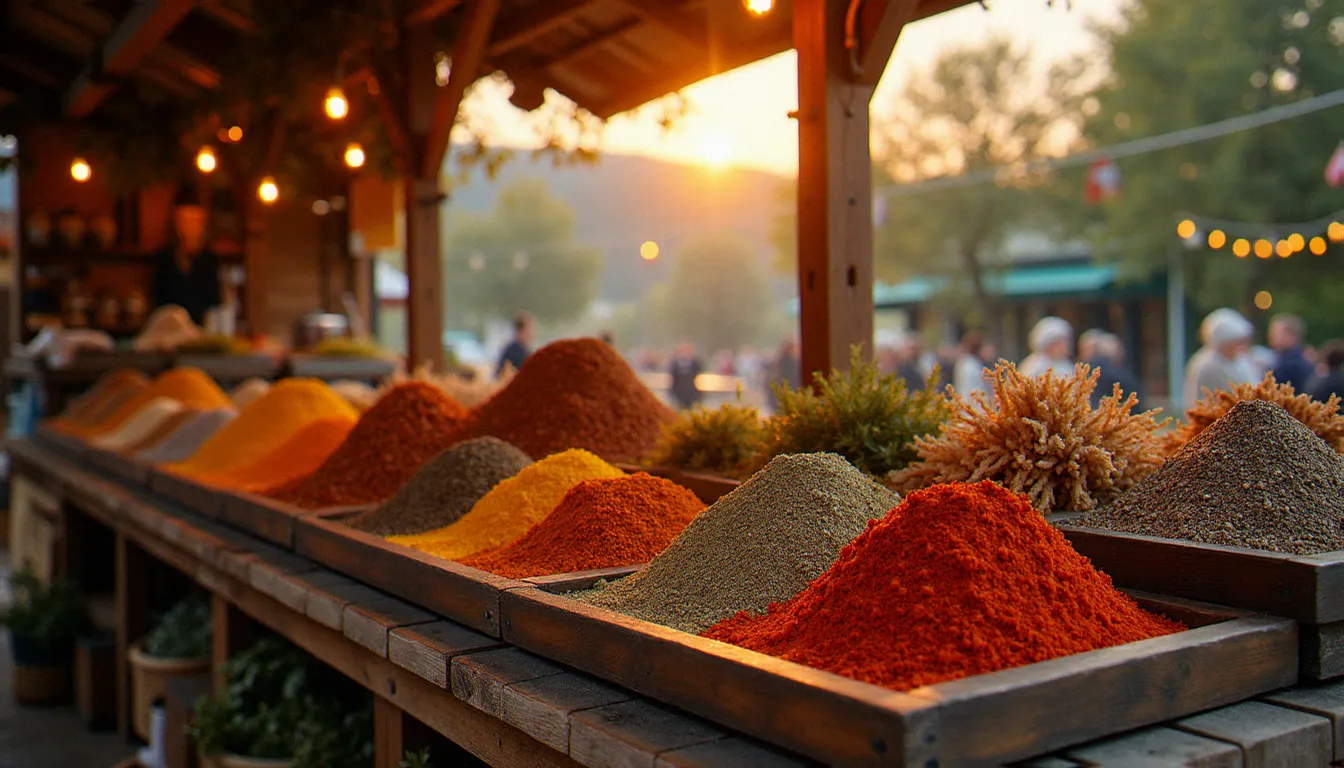 Étal de marché bourguignon présentant des épices et herbes artisanales locales au lever du soleil à Mâcon, Saône-et-Loire