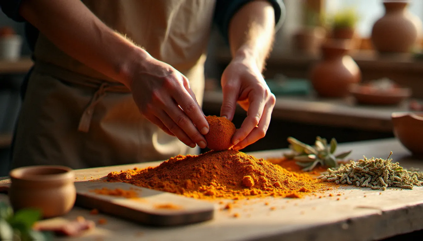 Artisan de Mâcon préparant un mélange d'épices fait main dans un atelier culinaire bourguignon, évoquant le savoir-faire de Cham's Macon