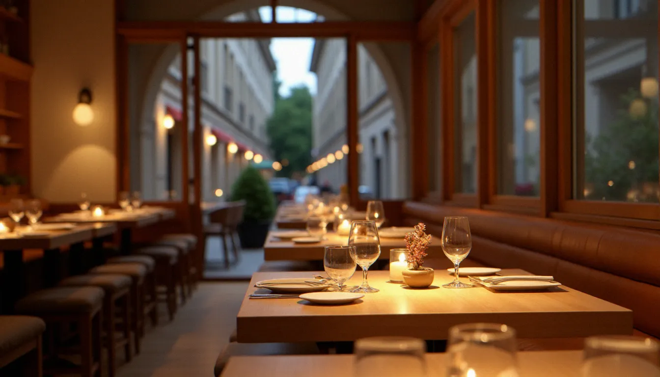 Salle de restaurant japonais épurée avec mobilier en bois clair et vaisselle en céramique, évoquant l'ambiance intime d'une table comme fujin macon en Bourgogne