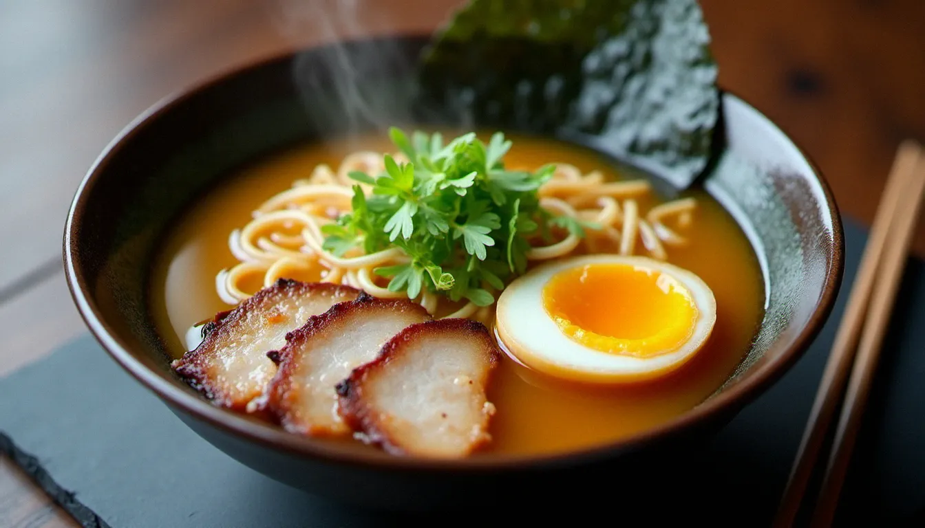 Bol de ramen maison façon fujin macon avec bouillon doré, œuf mollet et garnitures japonaises traditionnelles posé sur ardoise sombre