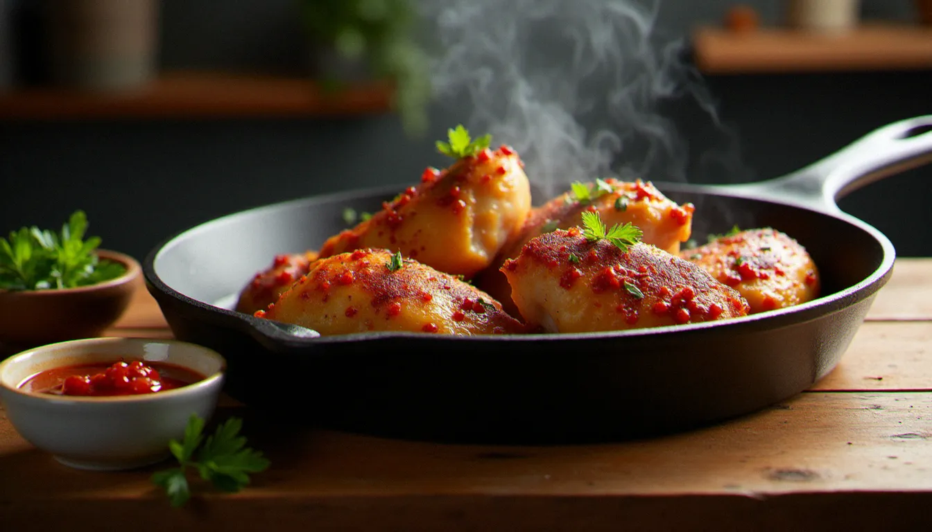 Cuisses de poulet dorées dans une poêle en fonte après marinade au kardelen macon, avec un bol de pâte d'épice rouge à côté