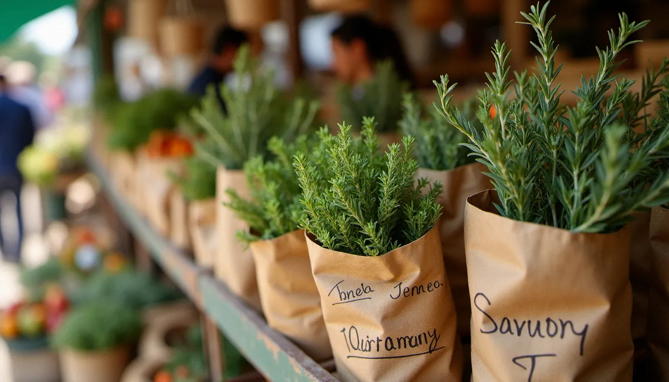 Étal de marché proposant du thym séché et des herbes aromatiques locales, dans l'esprit des marchés du Mâconnais