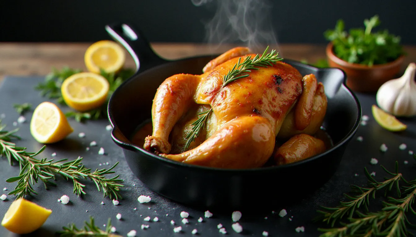 Poulet fermier rôti au thym et à la fleur de sel dans une cocotte en fonte, recette inspirée de la cuisine mâconnaise