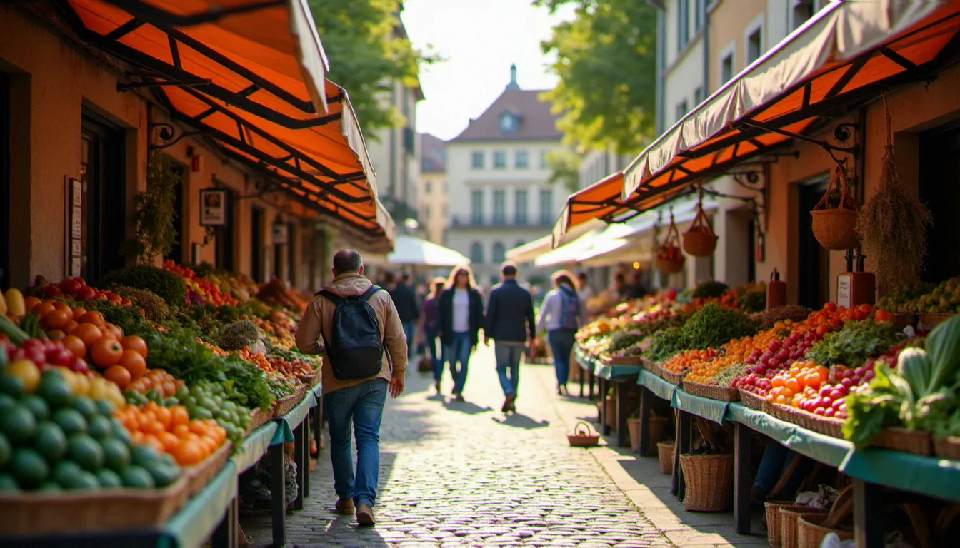 Marché couvert animé de Mâcon le samedi matin avec des étals de légumes frais colorés et des producteurs locaux, reflet du terroir bourguignon qui approvisionne les restaurants de la ville