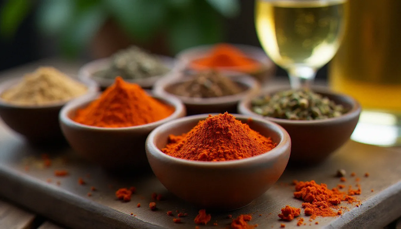 Assortiment d'épices méditerranéennes — cumin, paprika fumé, sumac et herbes séchées — présentées dans des bols en céramique à côté d'un verre de vin blanc mâconnais, illustrant l'accord épices et vins de Bourgogne