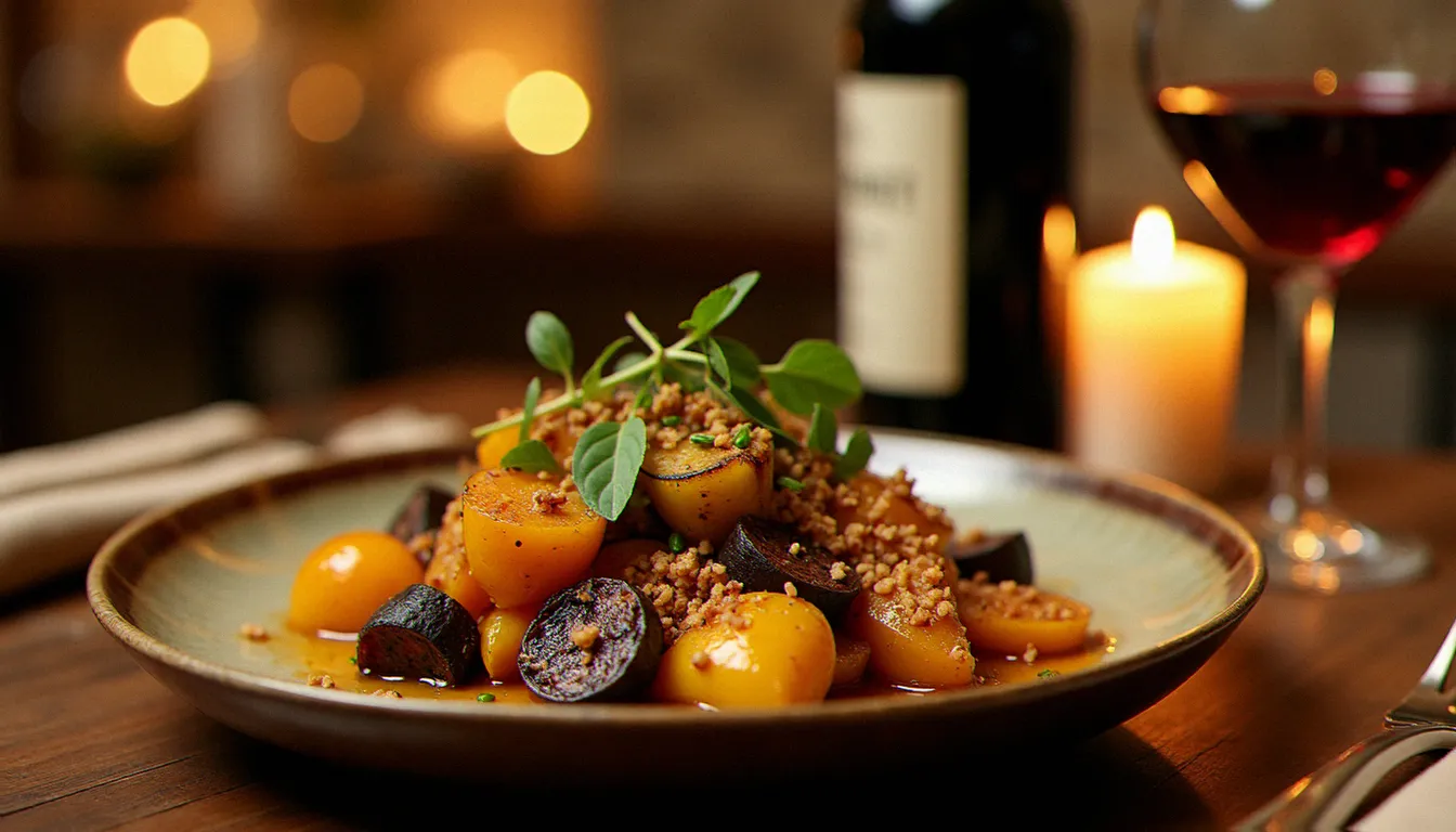 Assiette de légumes rôtis caramélisés avec du zaatar, servis dans un restaurant de Mâcon dans un cadre bourguignon chaleureux — illustration de la cuisine de La Dama Mâcon