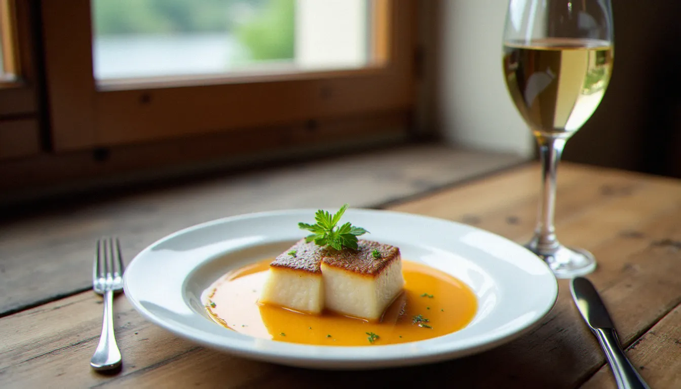 Quenelle de brochet sauce Nantua servie avec un verre de vin blanc Mâcon-Villages, plat typique de la cuisine bourguignonne que l'on peut déguster dans les restaurants de Mâcon