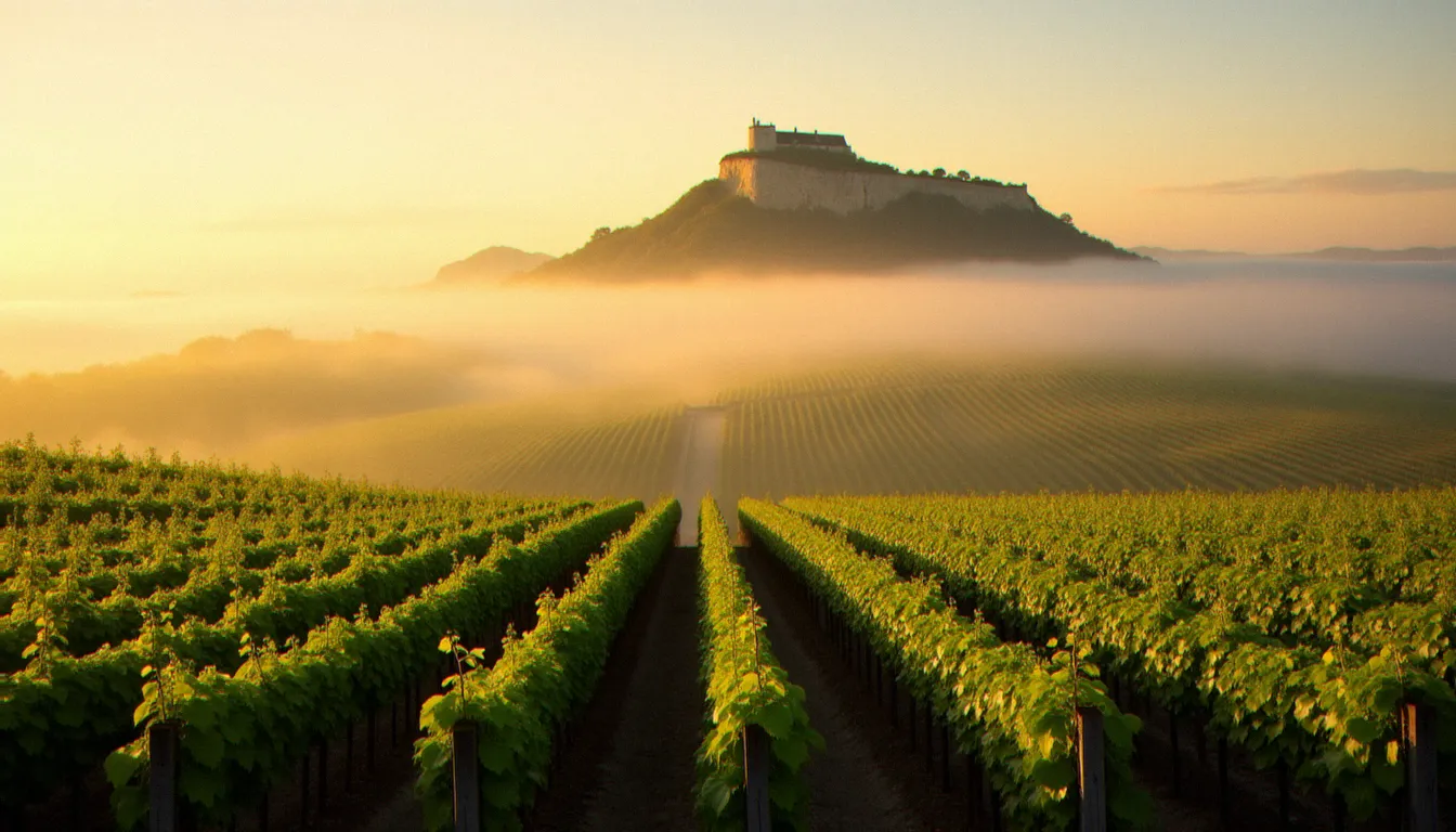 Vignoble du Mâconnais au lever du soleil avec la roche de Solutré en arrière-plan, paysage viticole de Bourgogne du Sud caractéristique de l'environnement gastronomique de Mâcon