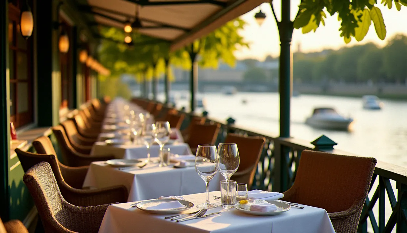 Terrasse d'un restaurant bord de Saône à Mâcon au coucher du soleil, tables dressées avec des verres de vin blanc du Mâconnais, évoquant l'ambiance des Mouettes Mâcon