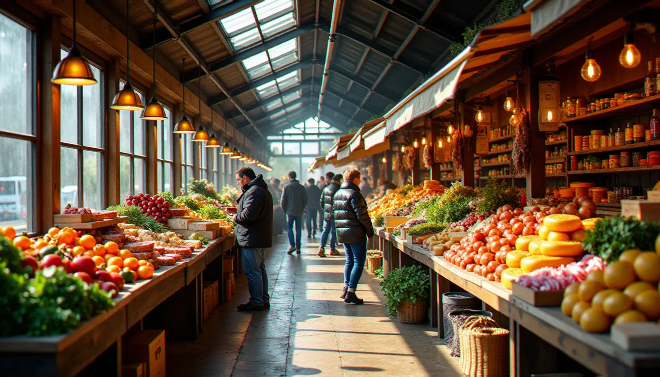 Marché couvert de Mâcon avec étals de légumes de saison, charcuteries et fromages locaux, illustrant les produits du terroir bourguignon que l'on retrouve dans la cuisine de la région