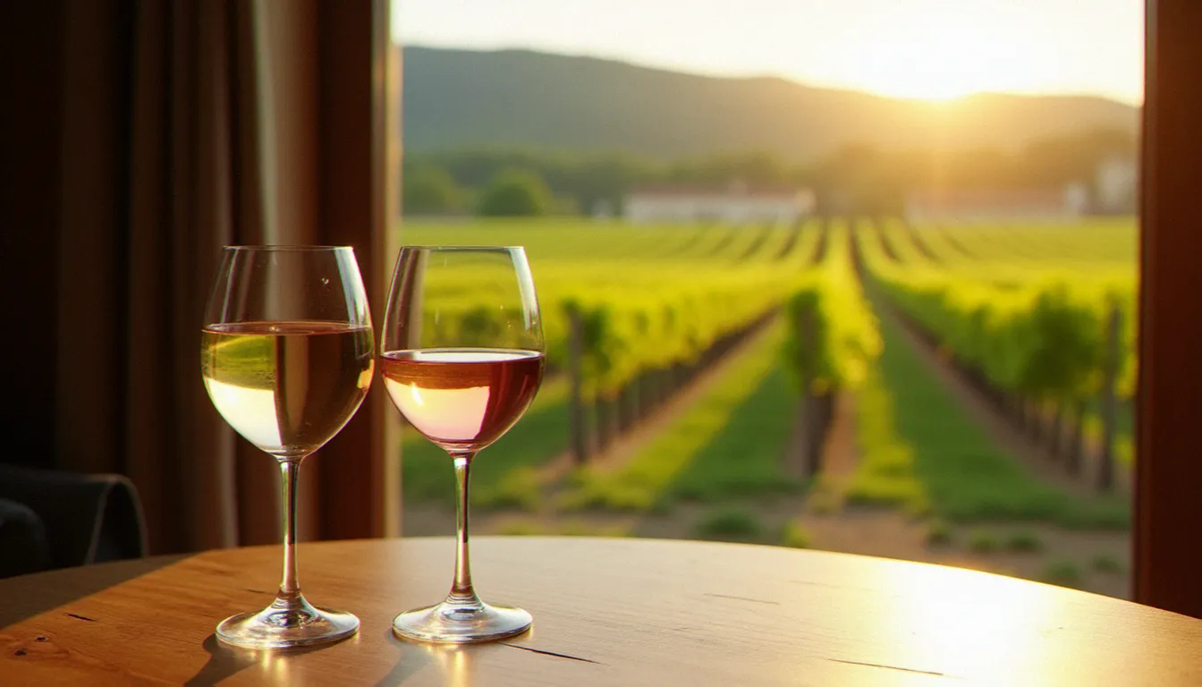 Deux verres de vins du Mâconnais, un Chardonnay blanc et un Gamay rouge, posés sur une table en bois avec vue sur le vignoble bourguignon en arrière-plan