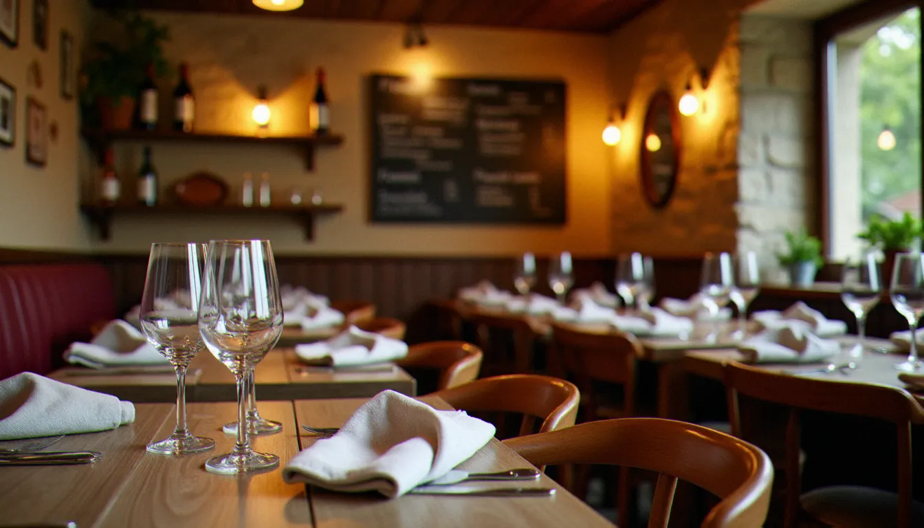 Salle intérieure d'un bistrot français à Mâcon avec tables en bois, verres à vin et menu ardoise, évoquant l'ambiance de L'Orso Mâcon