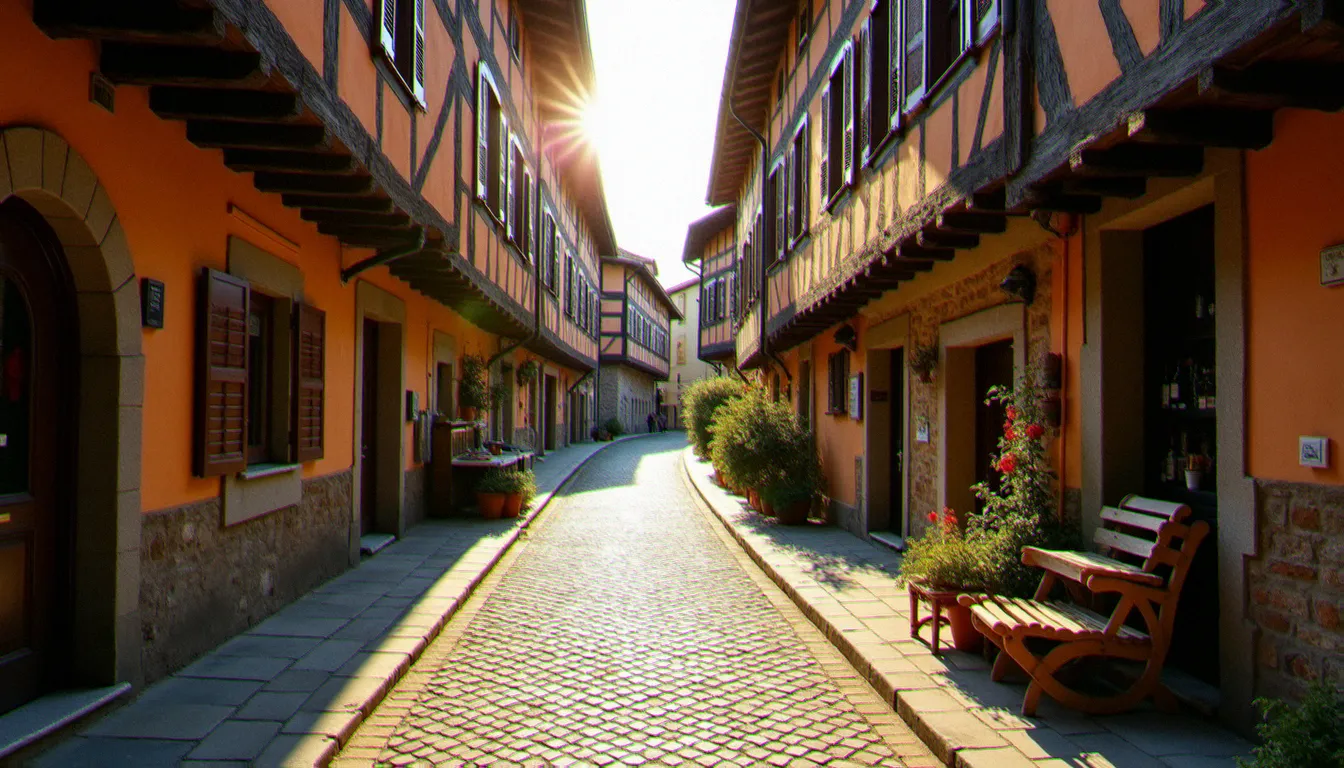 Rue pavée du centre historique de Mâcon avec maisons à colombages et boutiques artisanales sous la lumière de l'après-midi