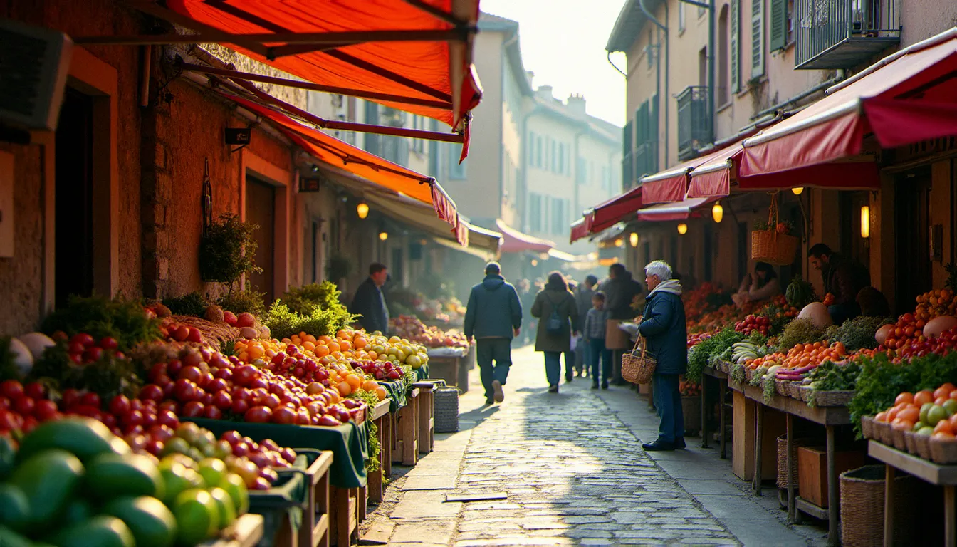 Marché du samedi matin place aux Herbes à Mâcon avec étals de légumes frais, producteurs locaux et acheteurs dans la lumière matinale