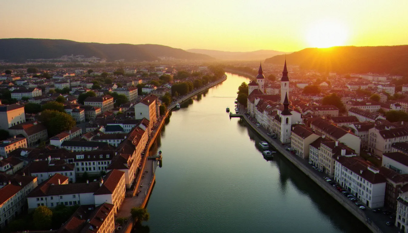 Vue aérienne du centre de Mâcon et des quais de la Saône au coucher du soleil, avec les collines du Mâconnais en arrière-plan
