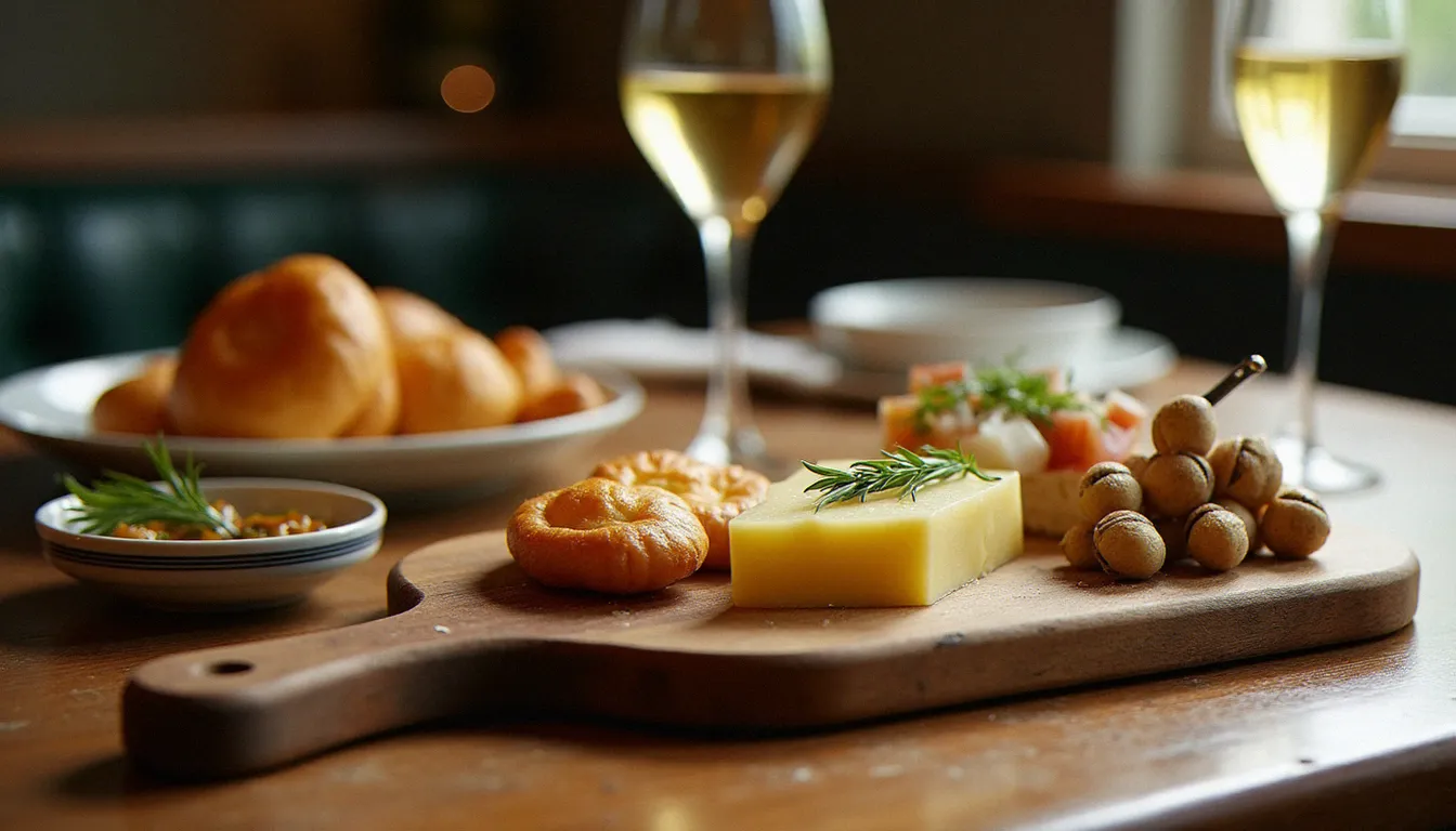 Plateau de spécialités bourguignonnes dans un bistro de Mâcon, avec fromage de chèvre du Mâconnais, escargots et gougères accompagnés d'un Pouilly-Fuissé