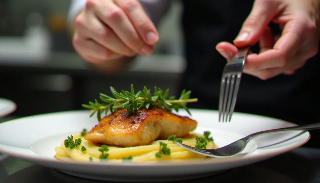 Chef d'un restaurant de Mâcon dressant une assiette de volaille de Bresse aux herbes aromatiques dans une cuisine professionnelle