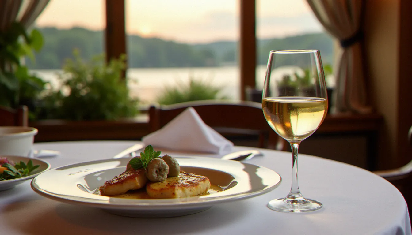 Table dressée dans un restaurant traditionnel de Mâcon avec vue sur la Saône, verre de vin blanc mâconnais et volaille de Bresse à la crème