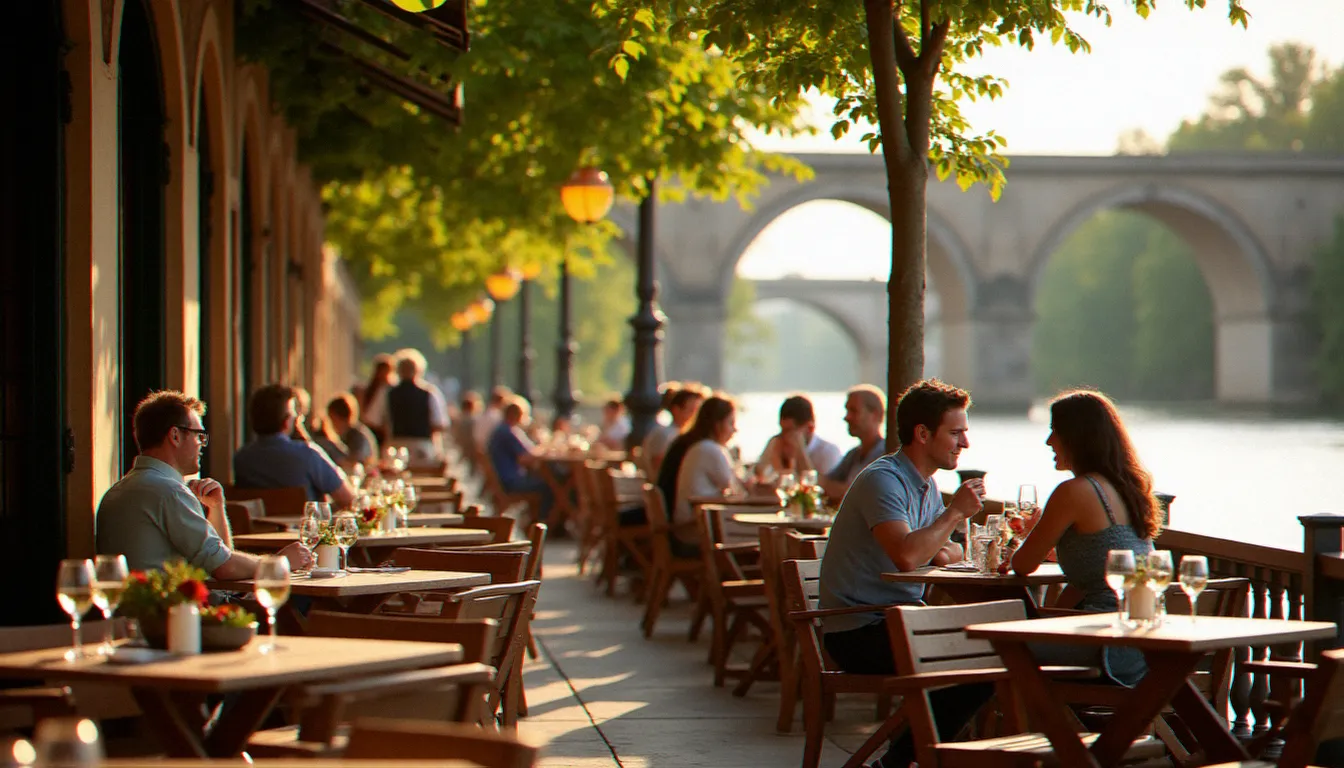 Terrasse d'une brasserie en bord de Saône à Mâcon en été, clients attablés avec des verres de vin blanc, vue sur le fleuve et le pont Saint-Laurent en arrière-plan