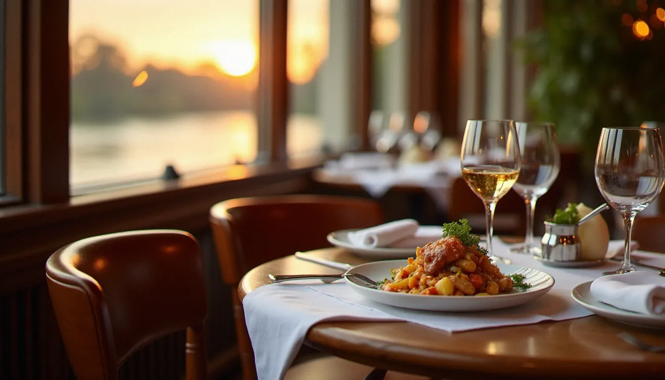 Intérieur d'un restaurant gastronomique à Mâcon avec vue sur la Saône, table dressée avec un verre de vin blanc du Mâconnais et un plat de cuisine bourguignonne
