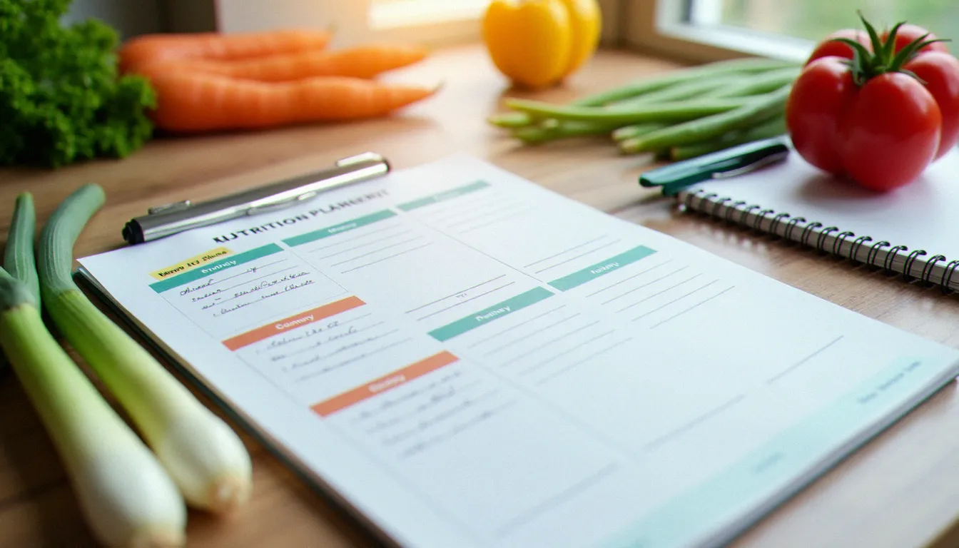 Tableau de planification nutritionnelle posé sur un bureau avec des légumes de saison, illustrant la grille nutritionnelle des menus de cantine