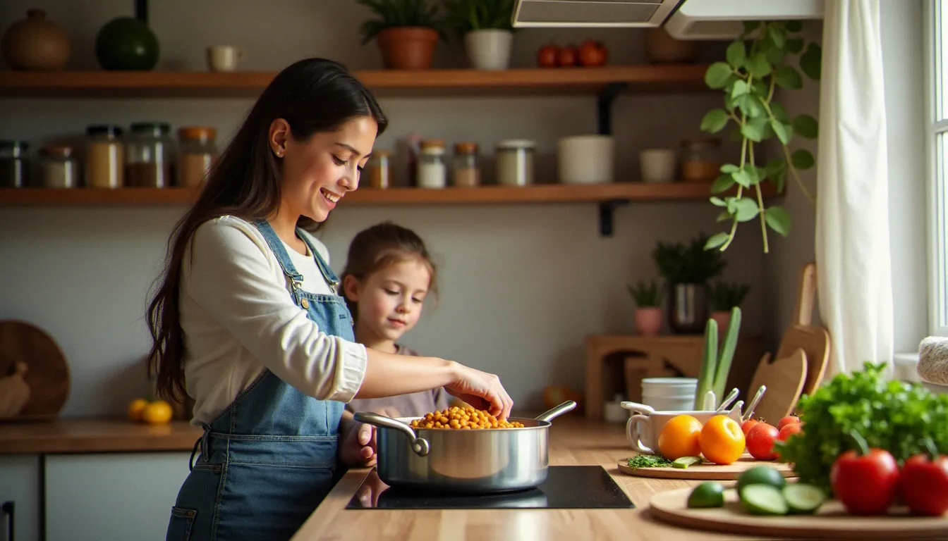 Mère et enfant préparant un dîner maison inspiré du menu cantine, avec des épices et des légumes frais dans une cuisine chaleureuse