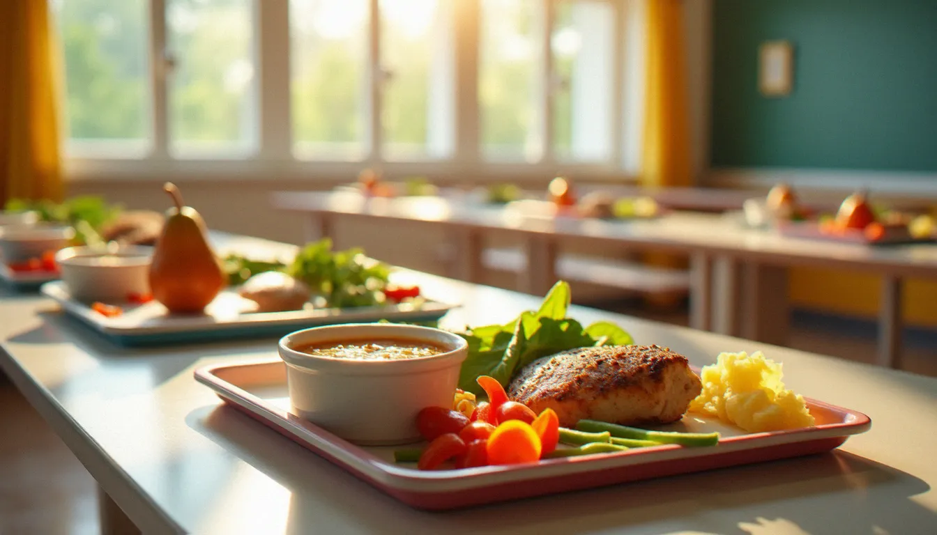 Plateau-repas complet d'une cantine scolaire à Mâcon avec légumes frais, poulet grillé, légumineuses et fruit de saison illustrant le menu cantine Mâcon