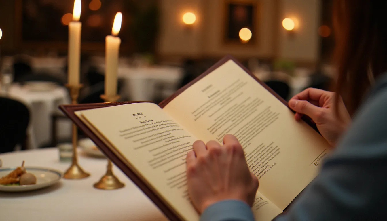 Mains d'un client lisant attentivement un menu de restaurant ouvert dans une salle à manger élégante aux nappes blanches