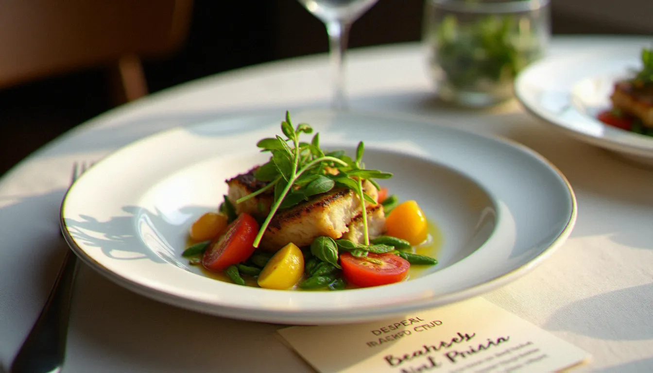 Assiette de restaurant française soigneusement dressée avec des légumes colorés et des herbes fraîches, accompagnée d'une petite carte menu manuscrite sur nappe en lin