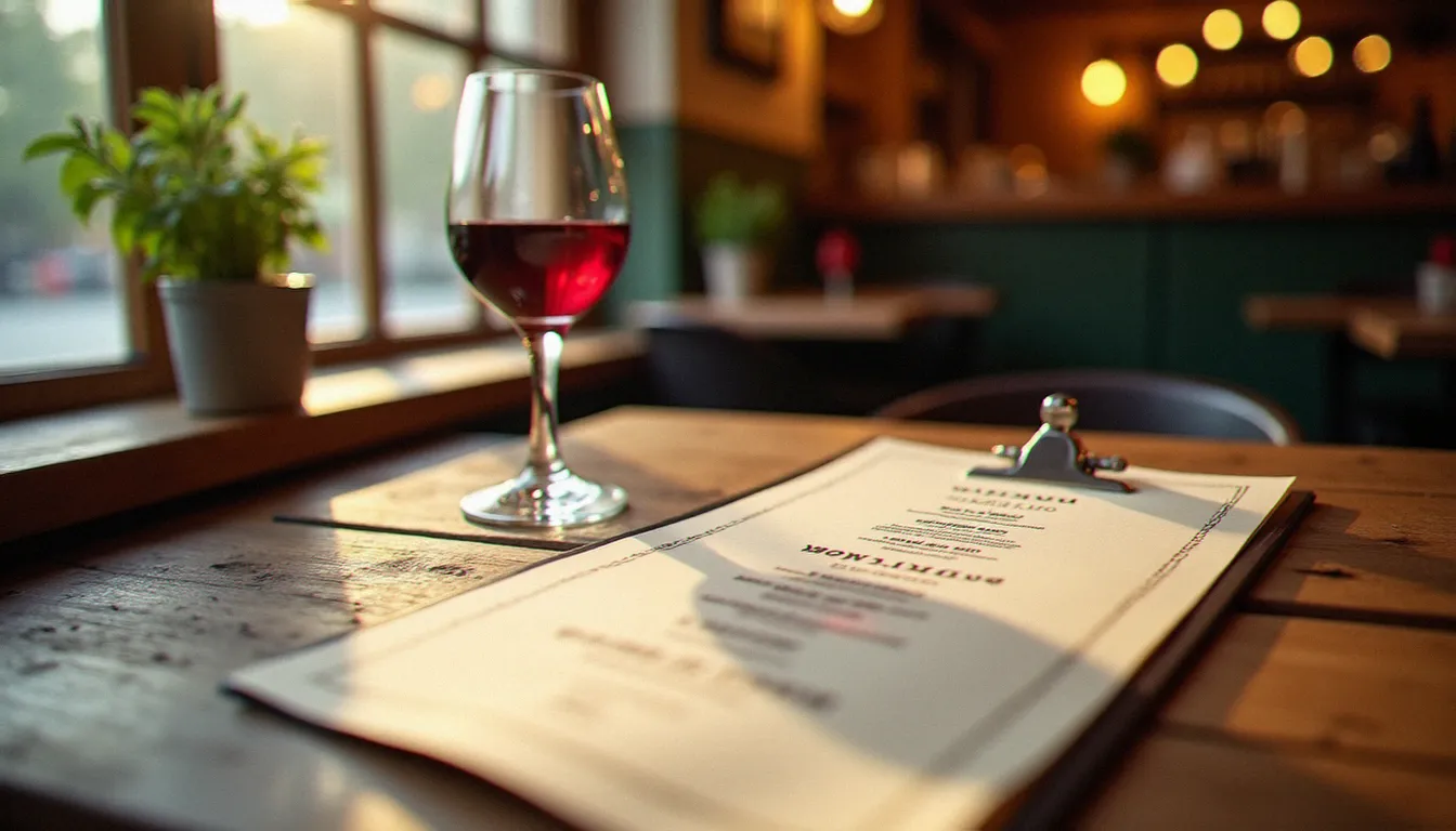 Menu de restaurant posé sur une table en bois rustique avec un verre de vin rouge et des herbes fraîches, ambiance chaleureuse de bistrot français