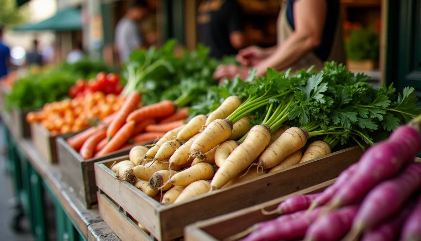 Étal de marché mâconnais avec légumes anciens et produits fermiers locaux disposés dans des caisses en bois sous la lumière du matin