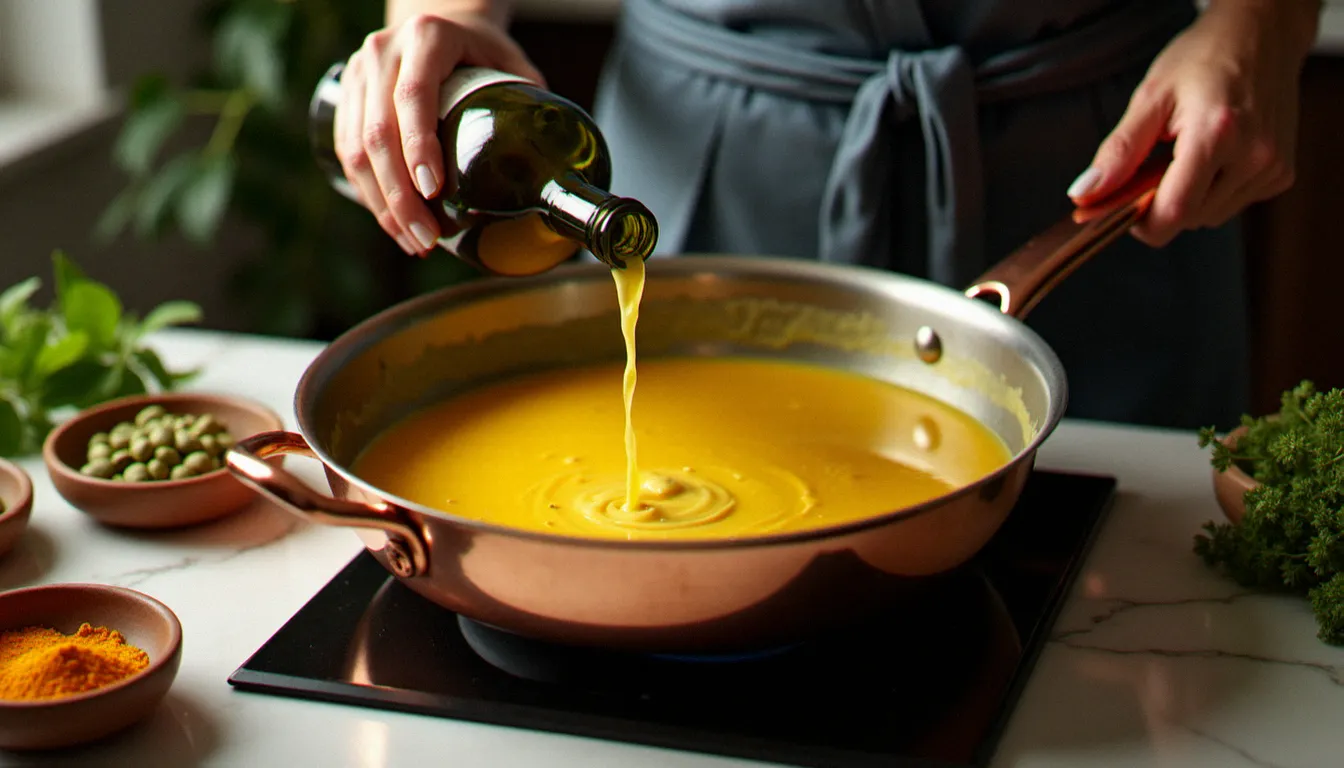 Préparation d'une sauce crémée au vin de Mâcon blanc avec épices douces, cardamome et curcuma, dans une casserole en cuivre sur plan de travail en marbre
