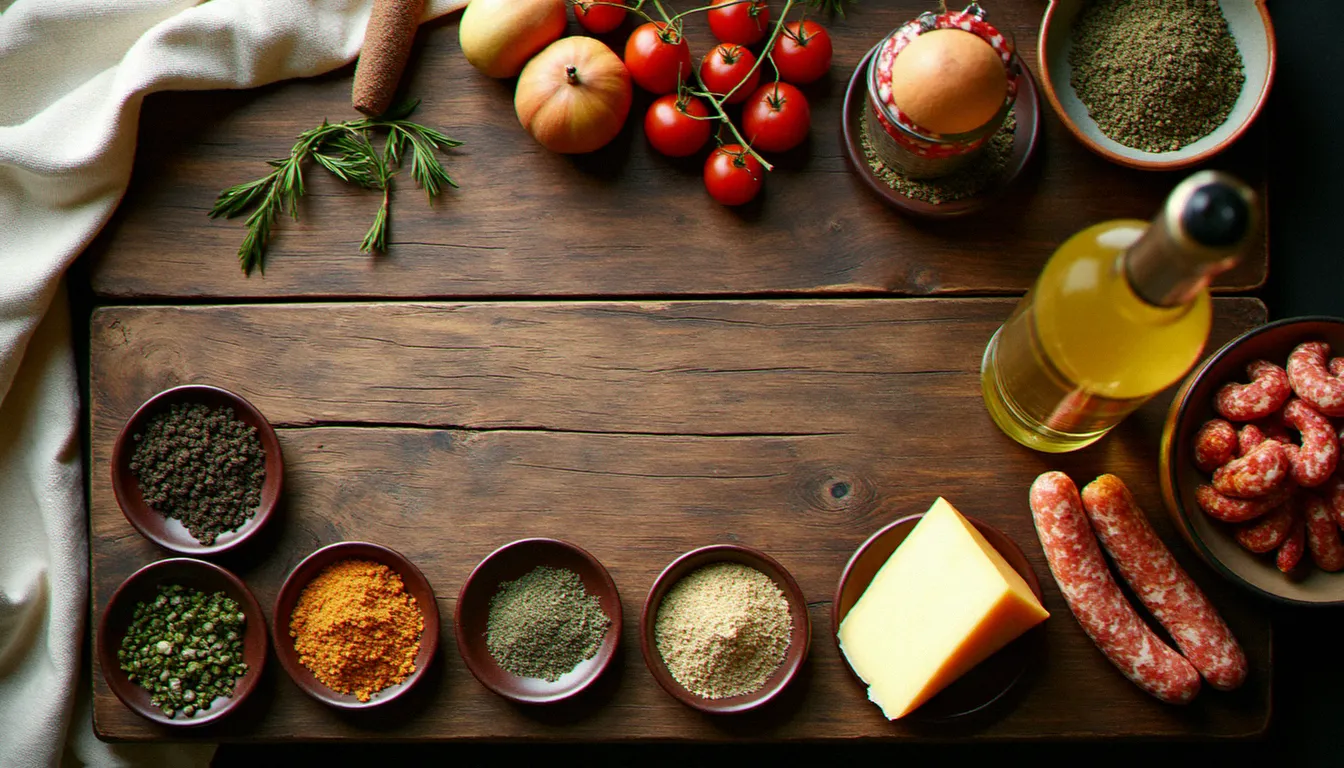Assortiment de mille et une saveur autour de Mâcon : épices en bocaux, herbes séchées, fromage charolais et vin blanc de Bourgogne sur table en bois rustique
