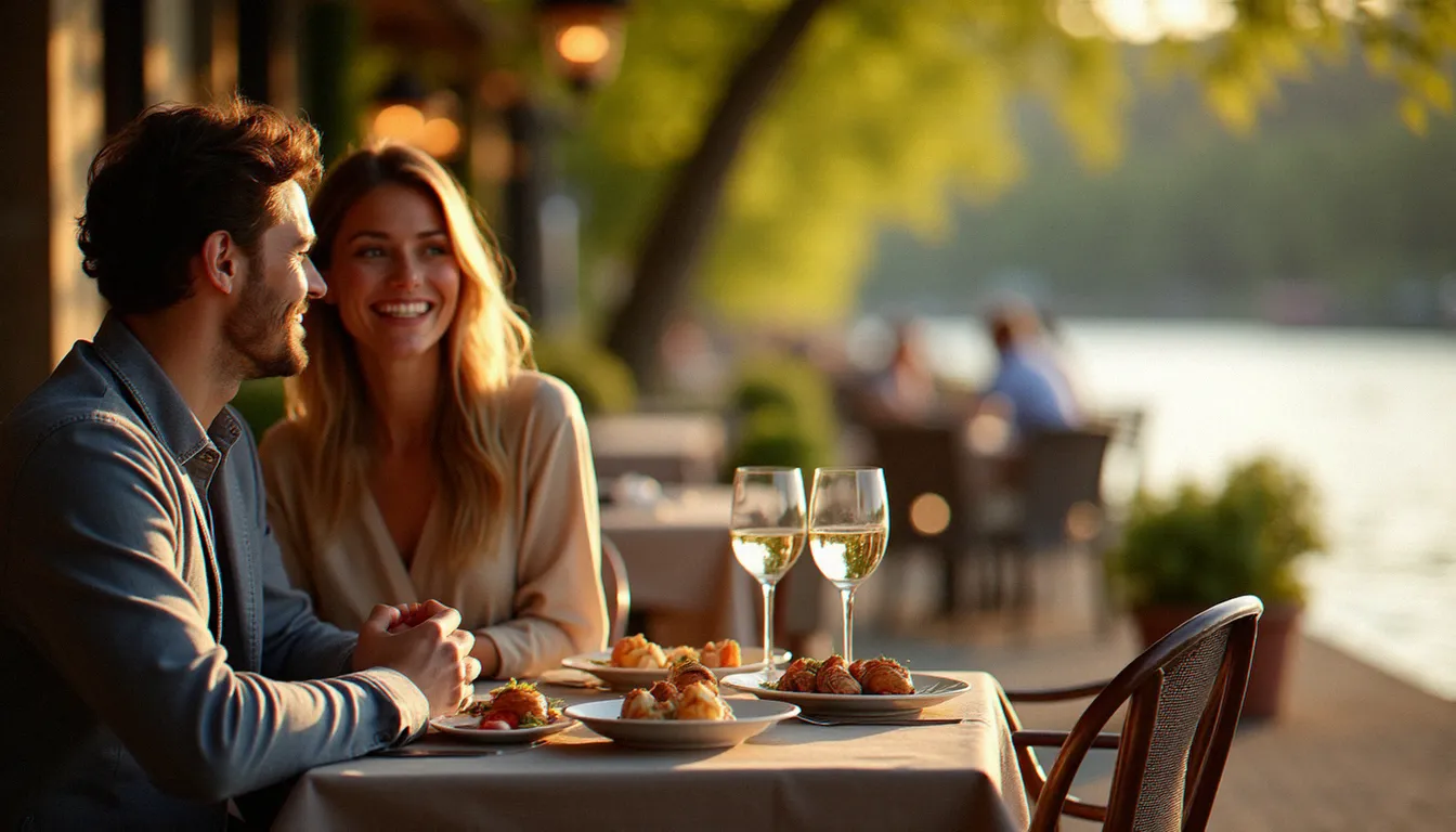 Couple attablé en terrasse d'un restaurant en bord de Saône à Mâcon, avec des escargots de Bourgogne et un verre de vin blanc sur la table au coucher du soleil
