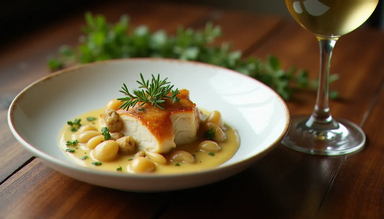 Assiette de poulet à la crème et morilles, plat traditionnel de la cuisine mâconnaise, servi avec un verre de Mâcon-Villages Chardonnay sur une table en bois rustique
