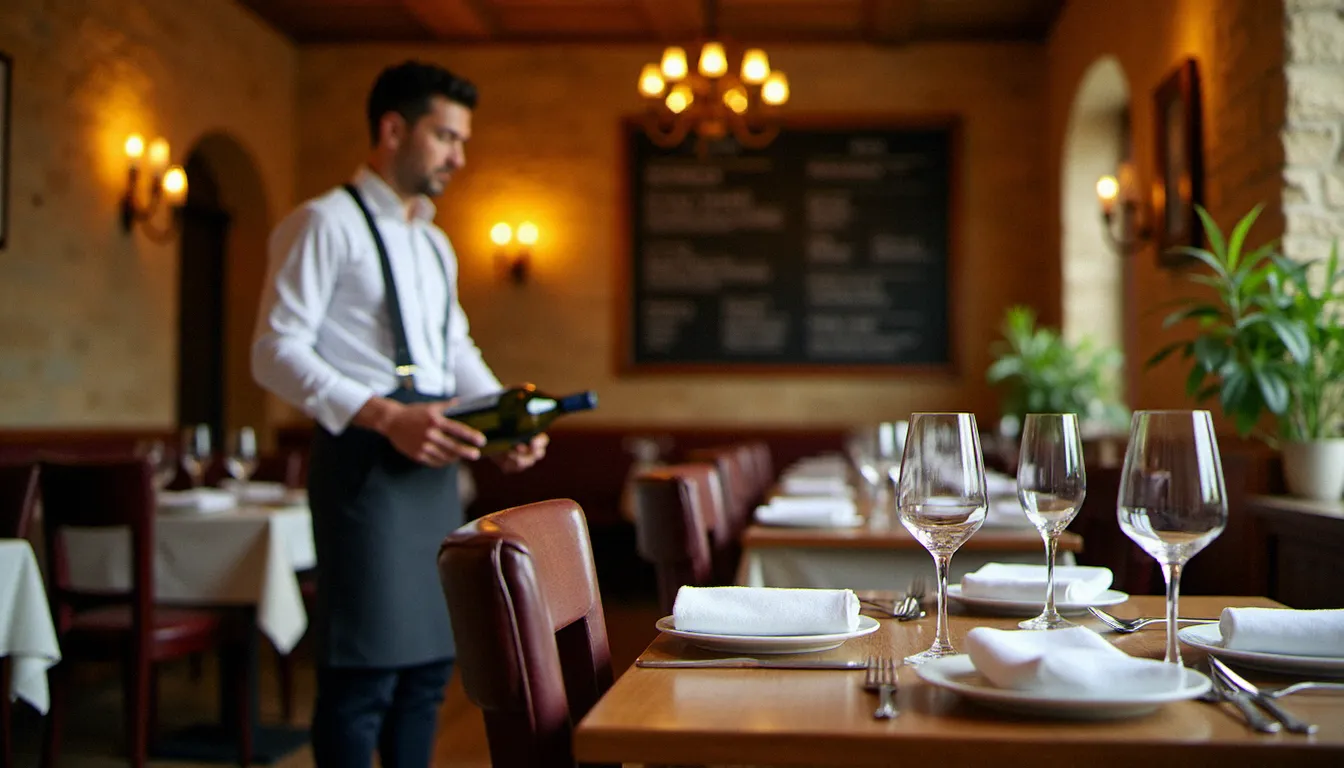 Salle d'un restaurant à Mâcon avec murs en pierre, tables dressées avec verres à vin et une bouteille de Mâcon blanc ouverte par un sommelier