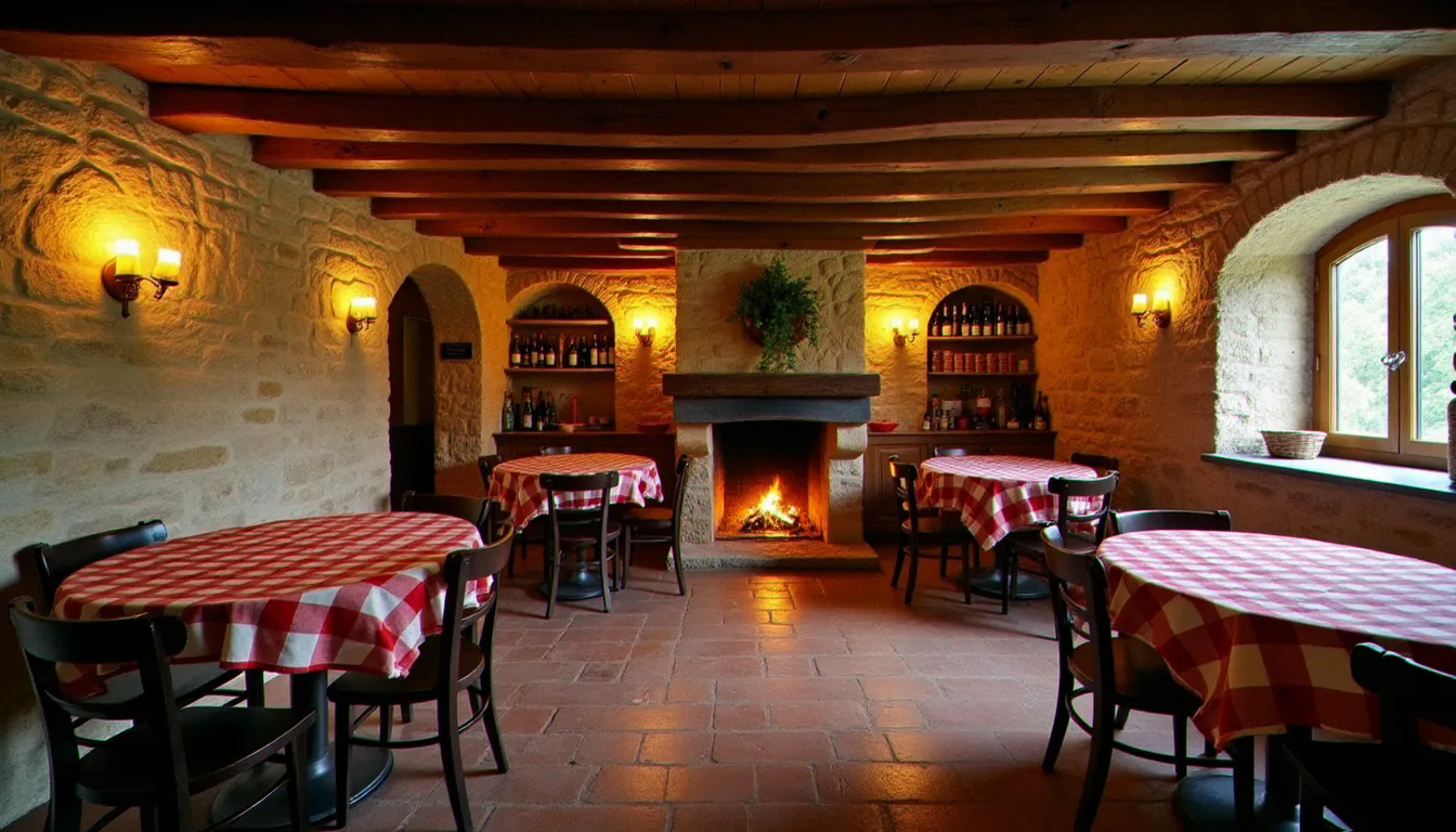 Salle intérieure d'une auberge de campagne bourguignonne avec murs en pierre, poutres apparentes et cheminée allumée, ambiance chaleureuse et rustique